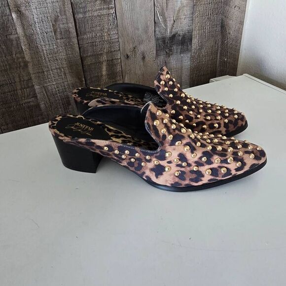 JustFab “Rose” Leopard Print Gold Tone Studs Mules Women’s 9 - Picture 1 of 6